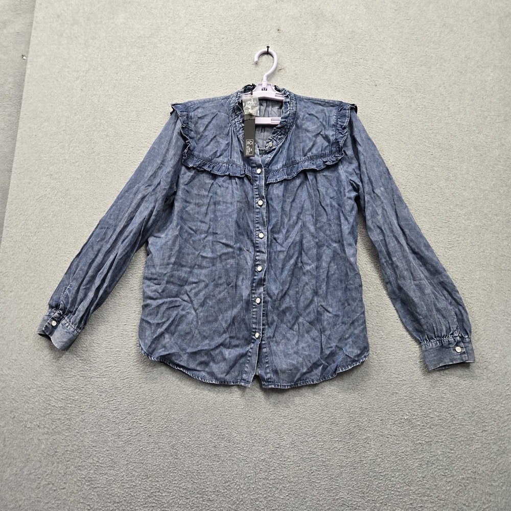 JANE + DELANCEY Women Button Up Shirt S Blue Western Ruffle Chambray